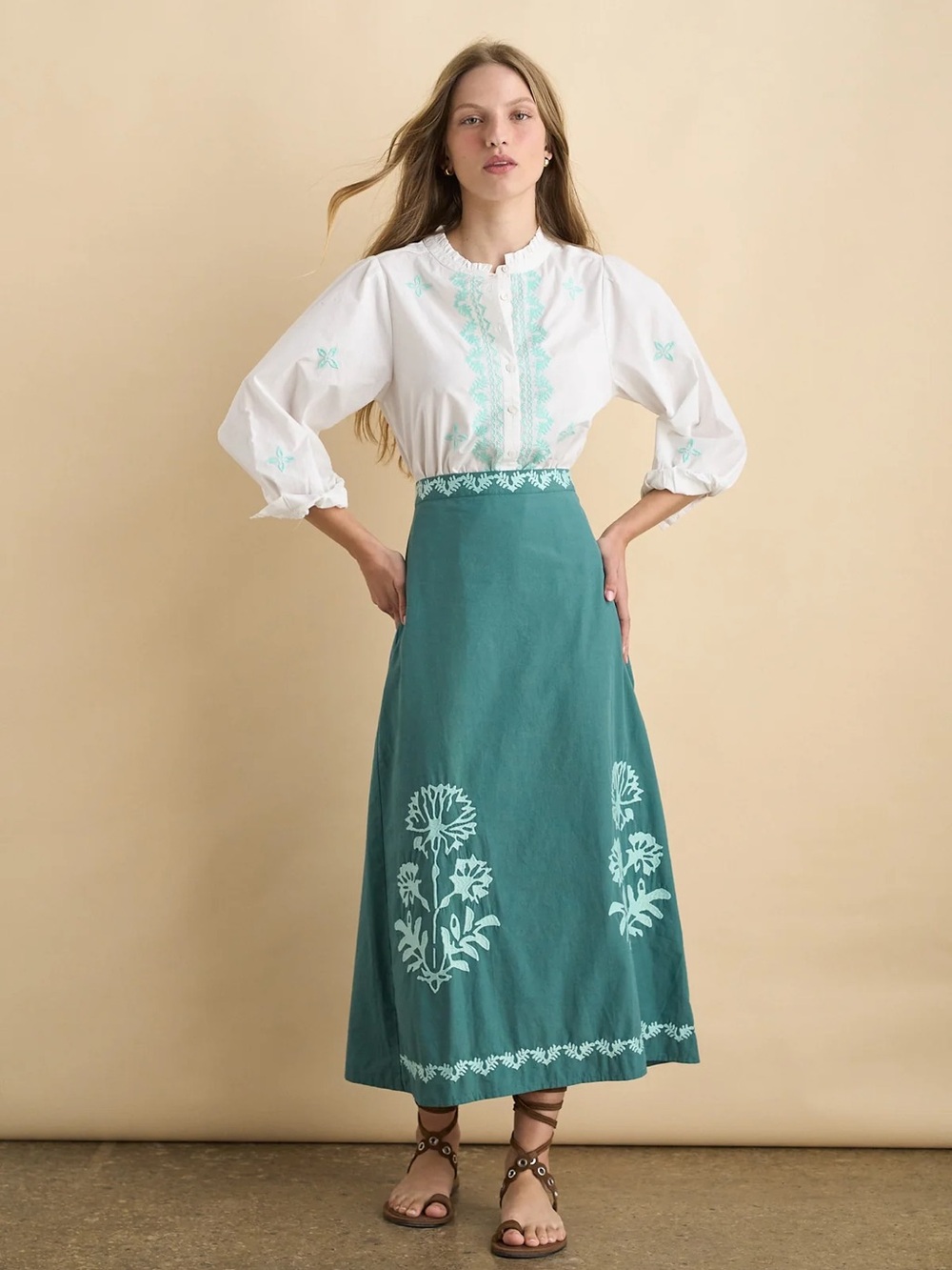 Woven Embroidered Cotton Blouse in White with Aqua Accents - Picture 2 of 3